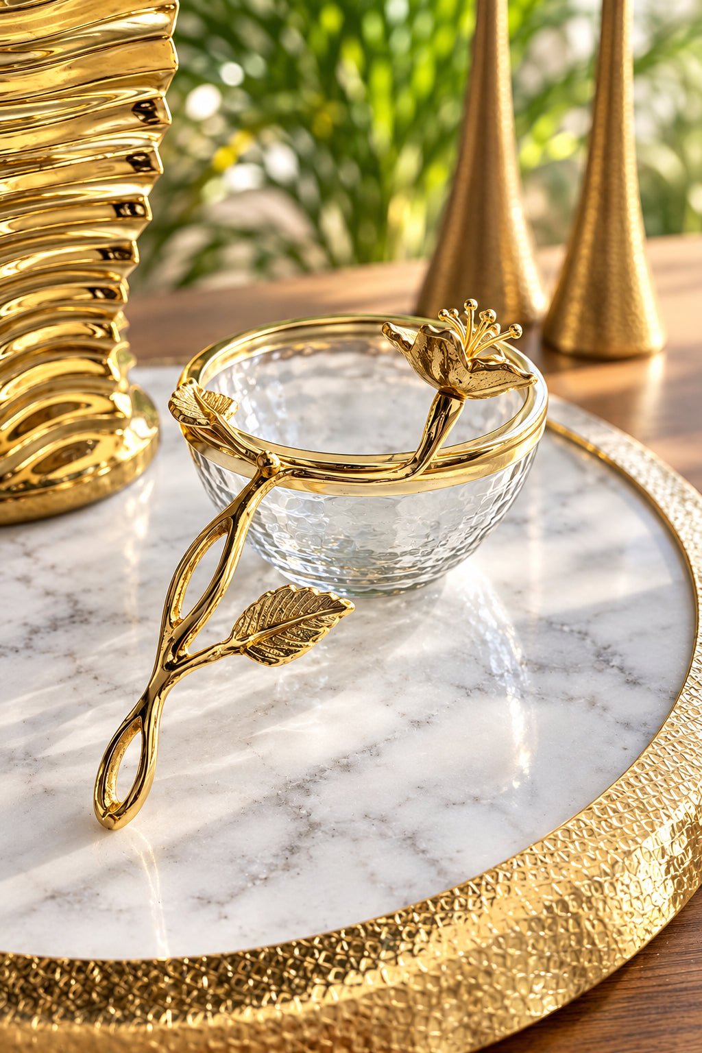 Small Glass Dish Bowl with Gold Enamel Flower Design On Handle - High Class Touch