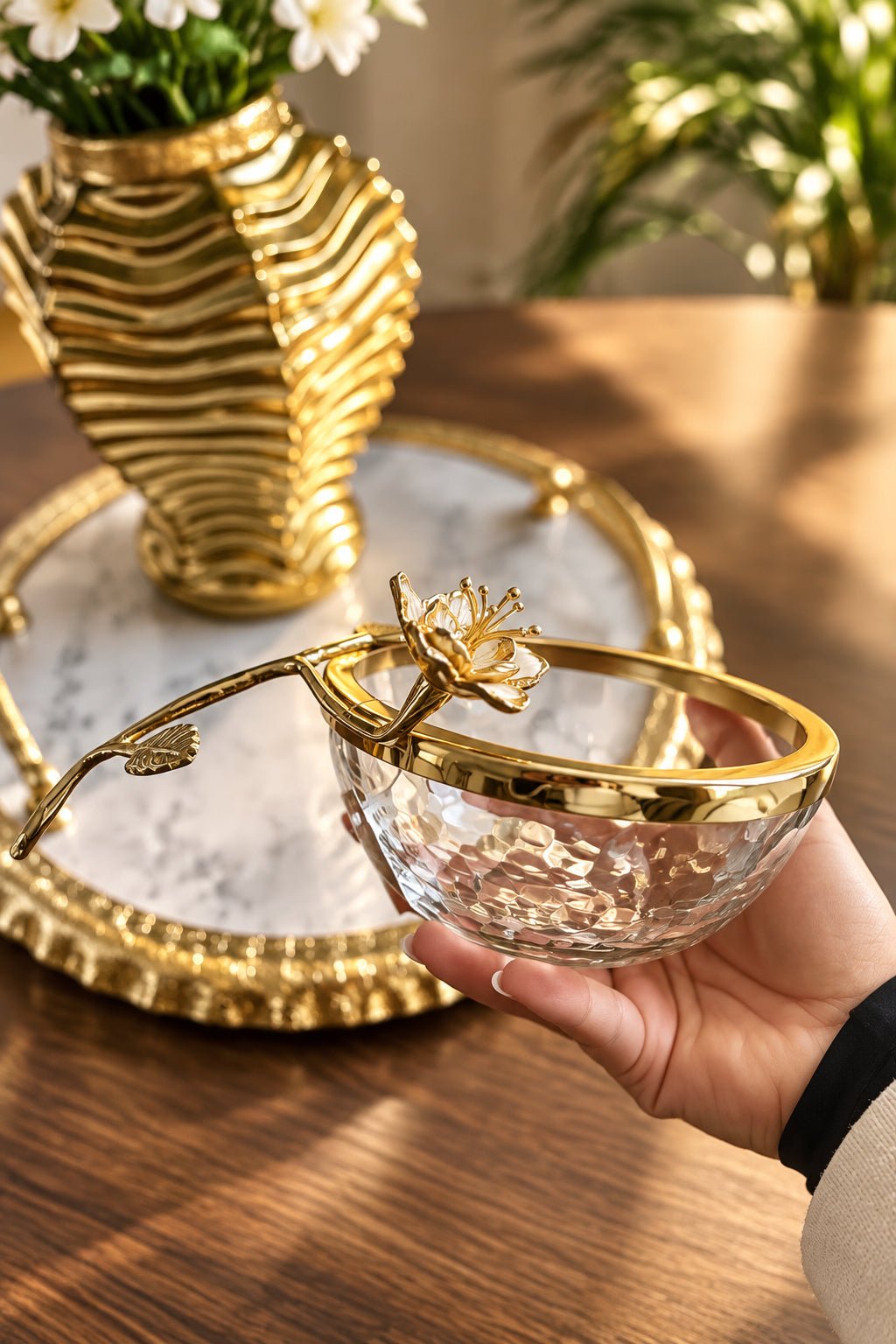 Small Glass Dish Bowl with Gold Enamel Flower Design On Handle - High Class Touch