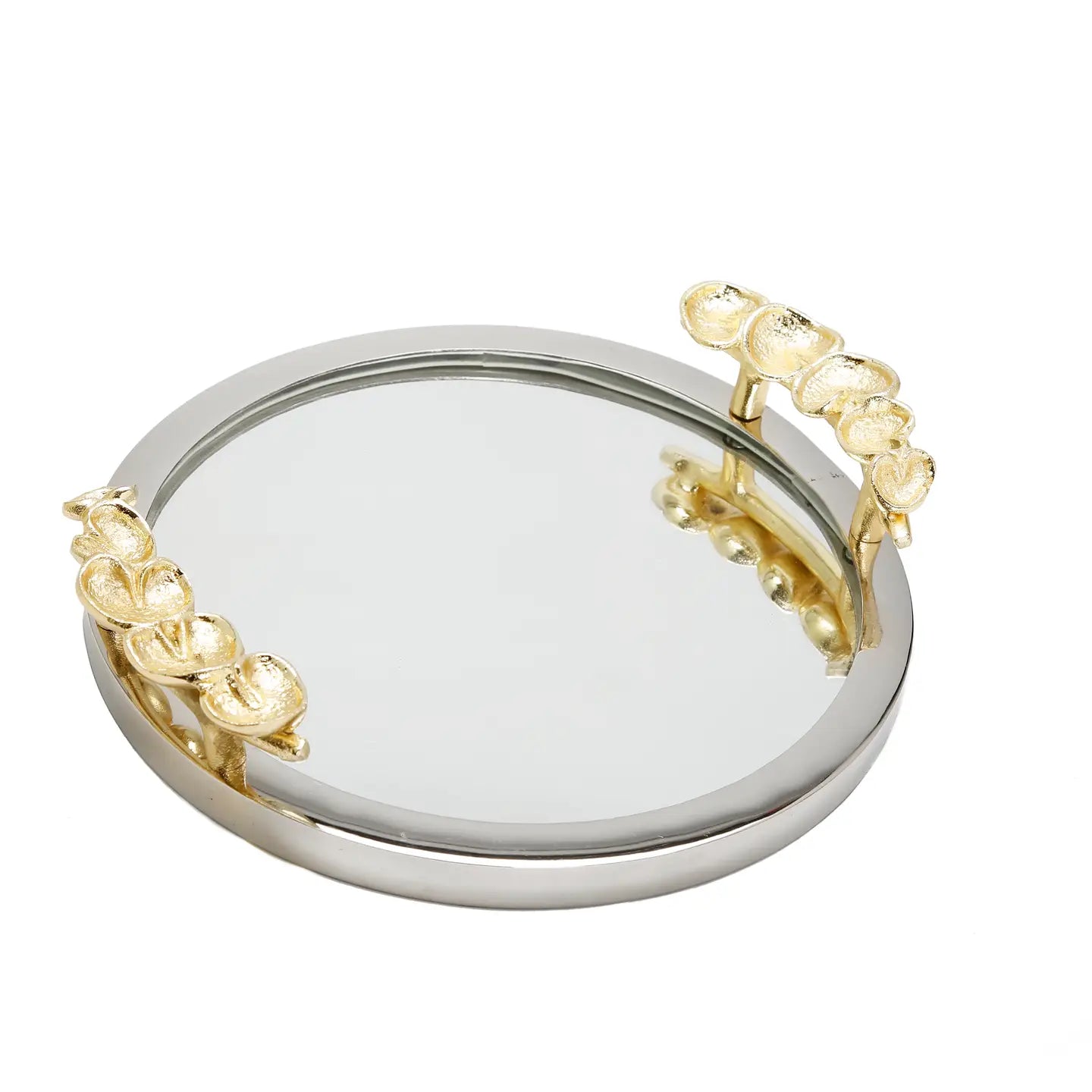 Mirror Tray Silver Border Gold Leaf Design On Handle-High Class Touch