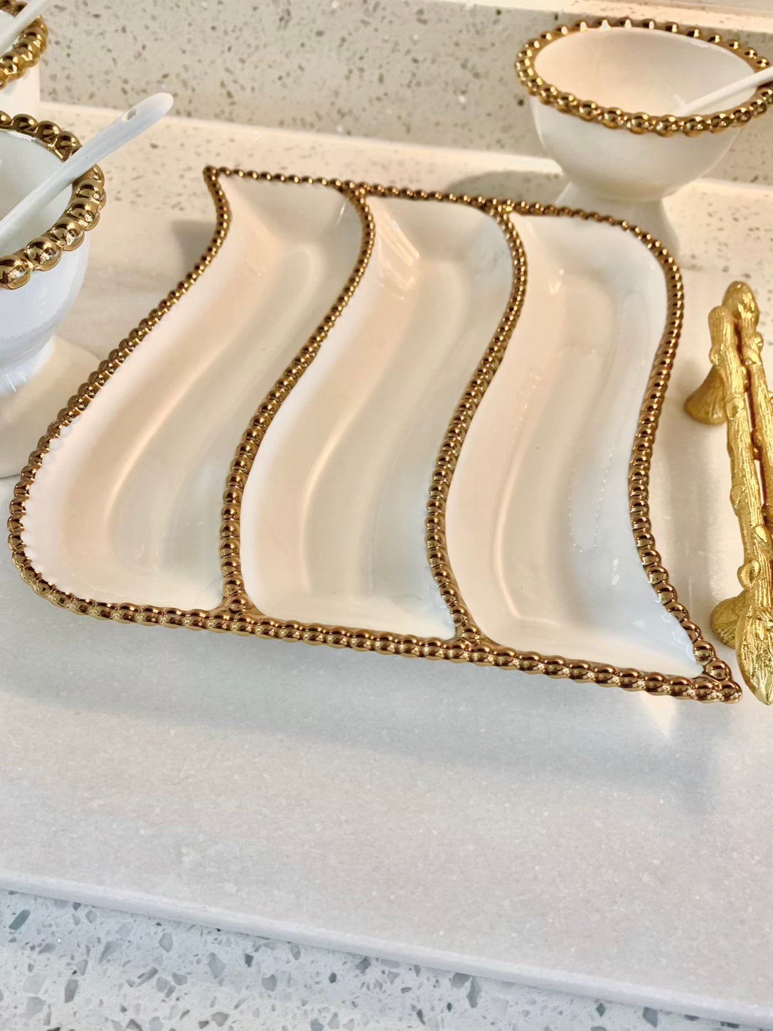 White Porcelain 3-Divided Serving Dish with Gold Beaded Design