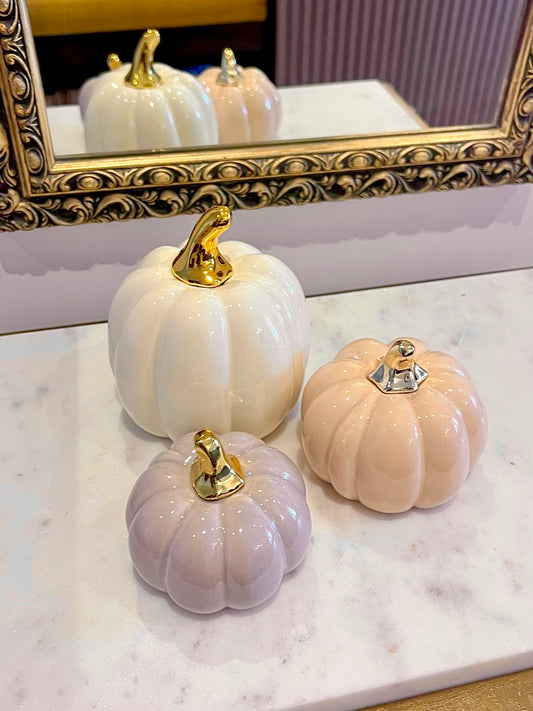 Small Porcelain Pastel Pumpkins with Gold Stem Decorative Ornament set of 3