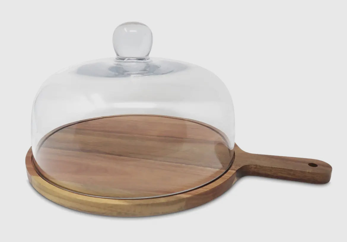 Glass Cake Dome On Wooden Board Base