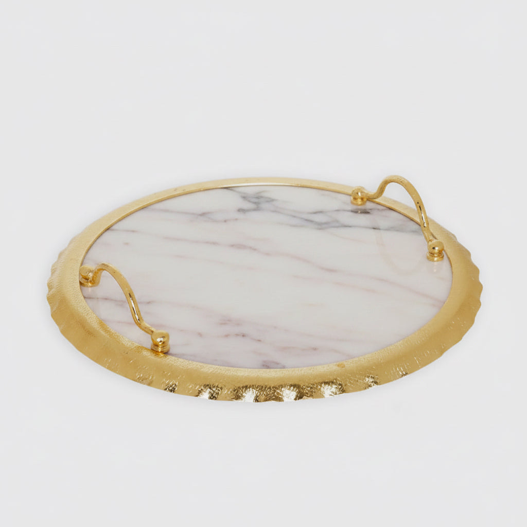 Round Marble Tray with Ruffle Gold Edge and handles High Class Touch