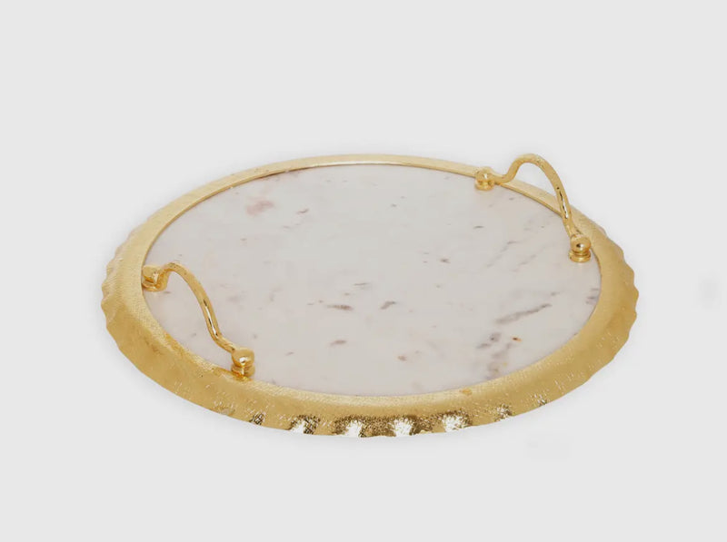 Round Marble Tray with Ruffle Gold Edge and handles High Class Touch