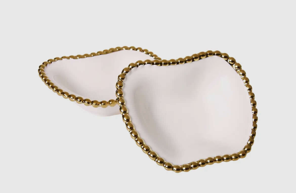 Set of 2 Small Dishes Gold Beaded Porcelain White