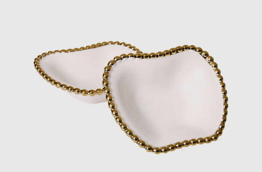 Set of 2 Small Dishes Gold Beaded Porcelain White