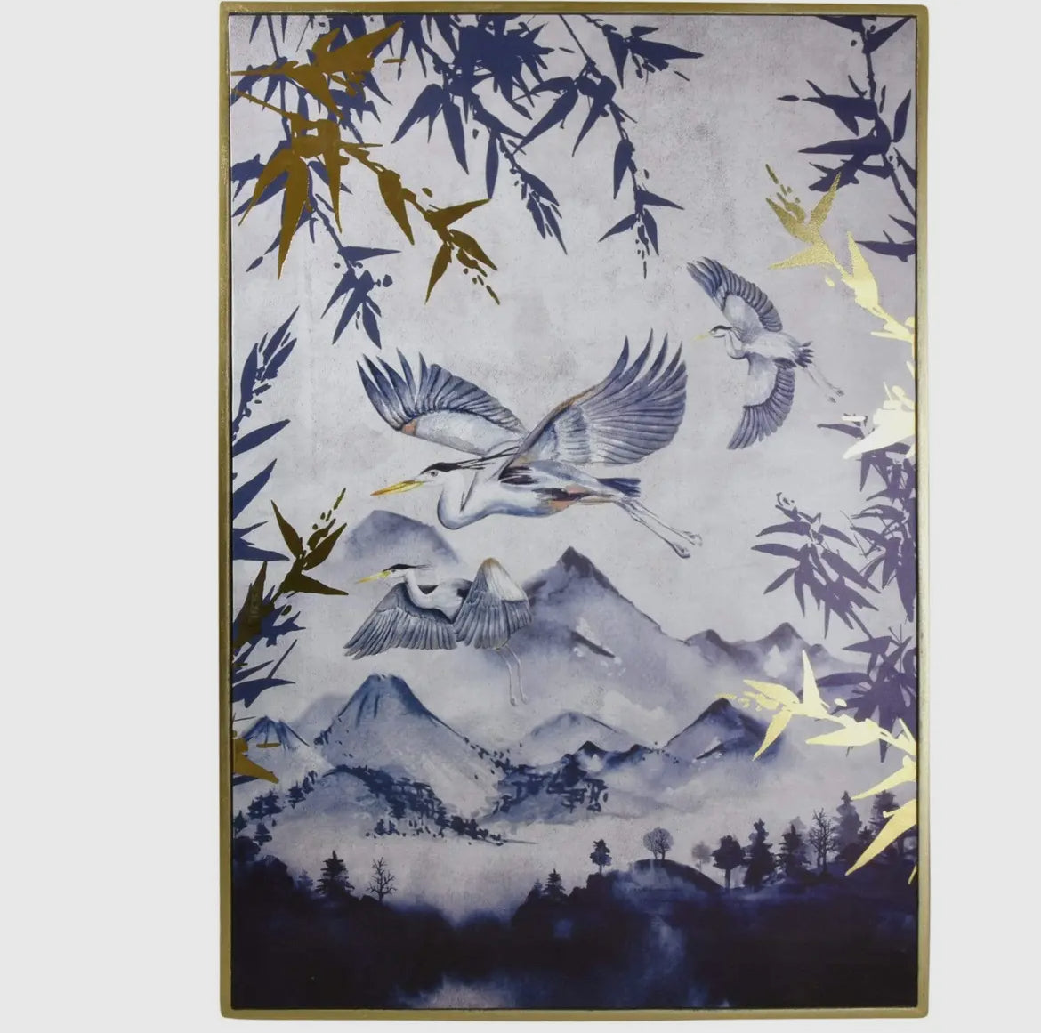 Oriental Heron Design Canvas Print with Gold Wooden Frame
