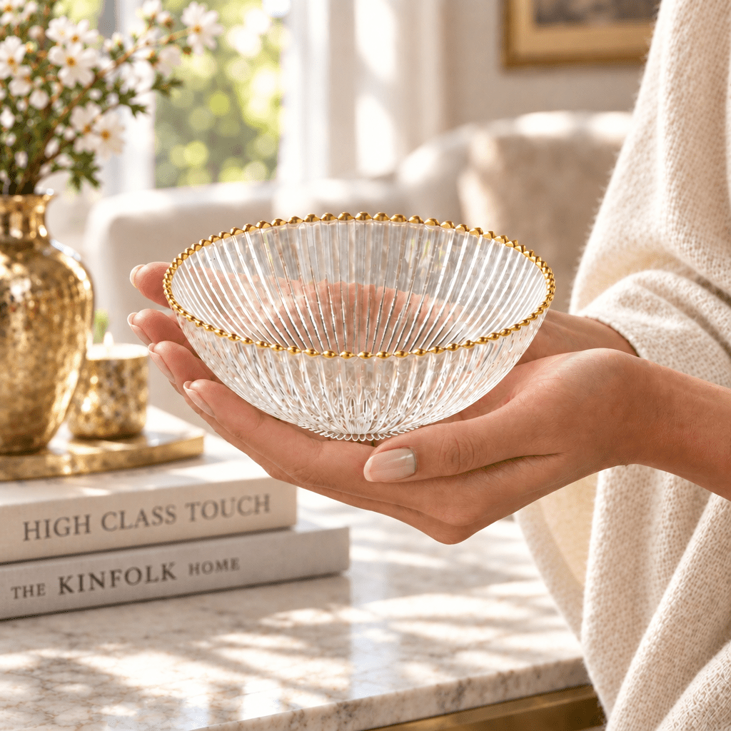 Gold Beaded Ribbed Glass Dessert Bowl 5"D - High Class Touch