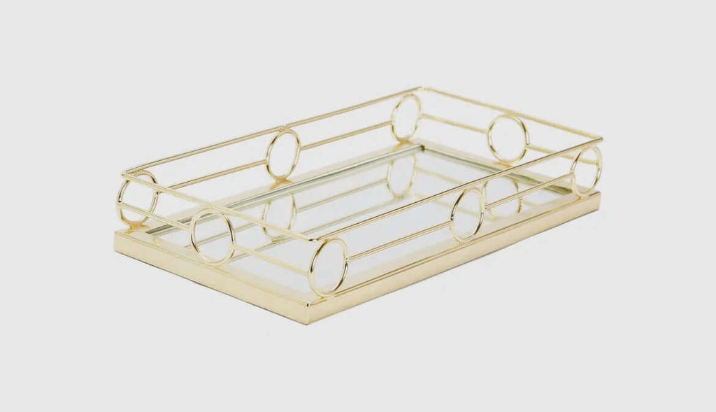 Gold Rectangular Mirror Tray Loop Design with circular accents, perfect for upscale home decor and display.