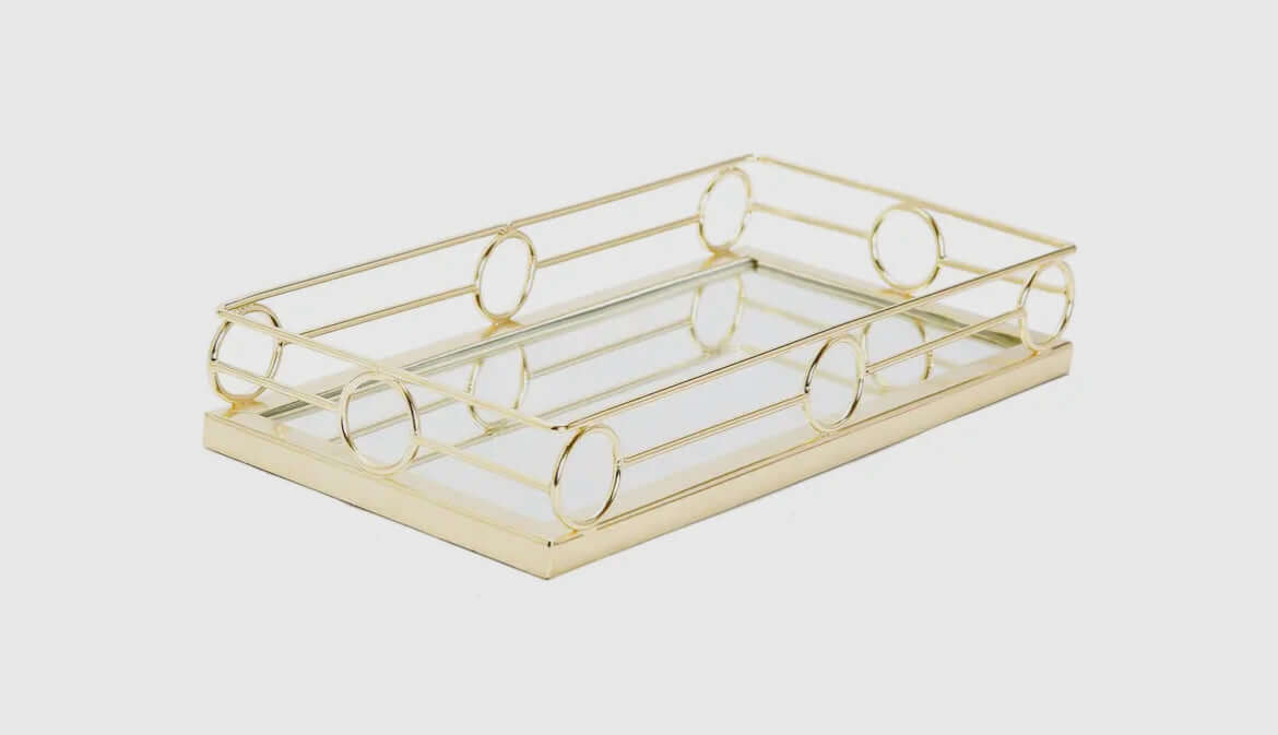 Gold Rectangular Mirror Tray Loop Design with circular accents, perfect for upscale home decor and display.
