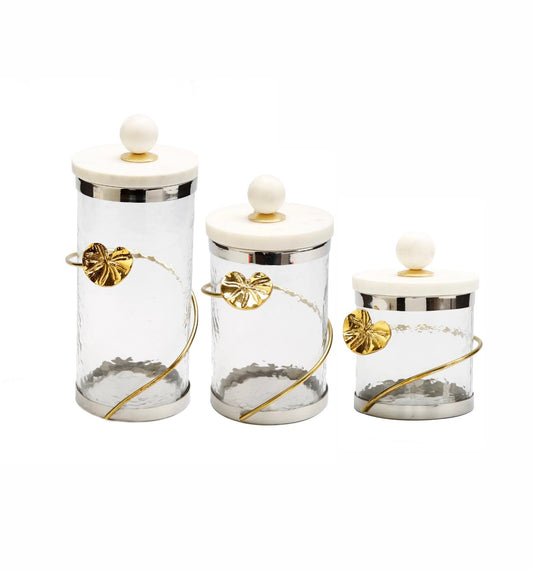 Glass Silver Canister with Gold Lotus Design and Marble Lid