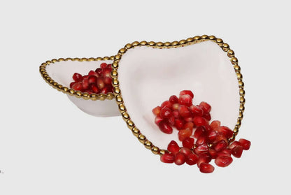 Set of 2 Small Dishes Gold Beaded Porcelain White