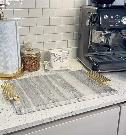 Grey Marble Tray With Embossed Gold Handles and Chiseled Edge