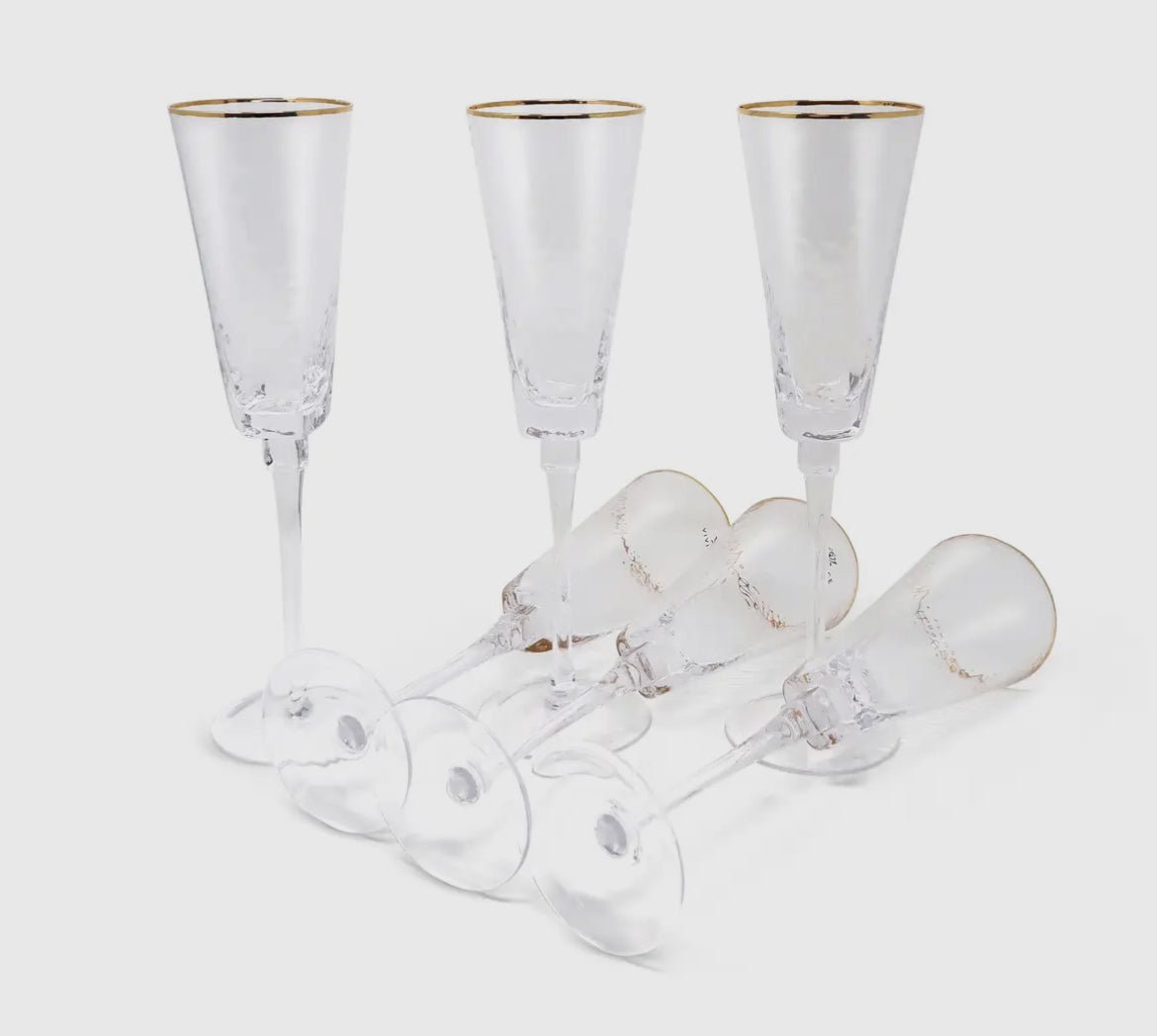 Set of 6 Square Shaped Hammered Glasses with Gold Rim-High Class Touch