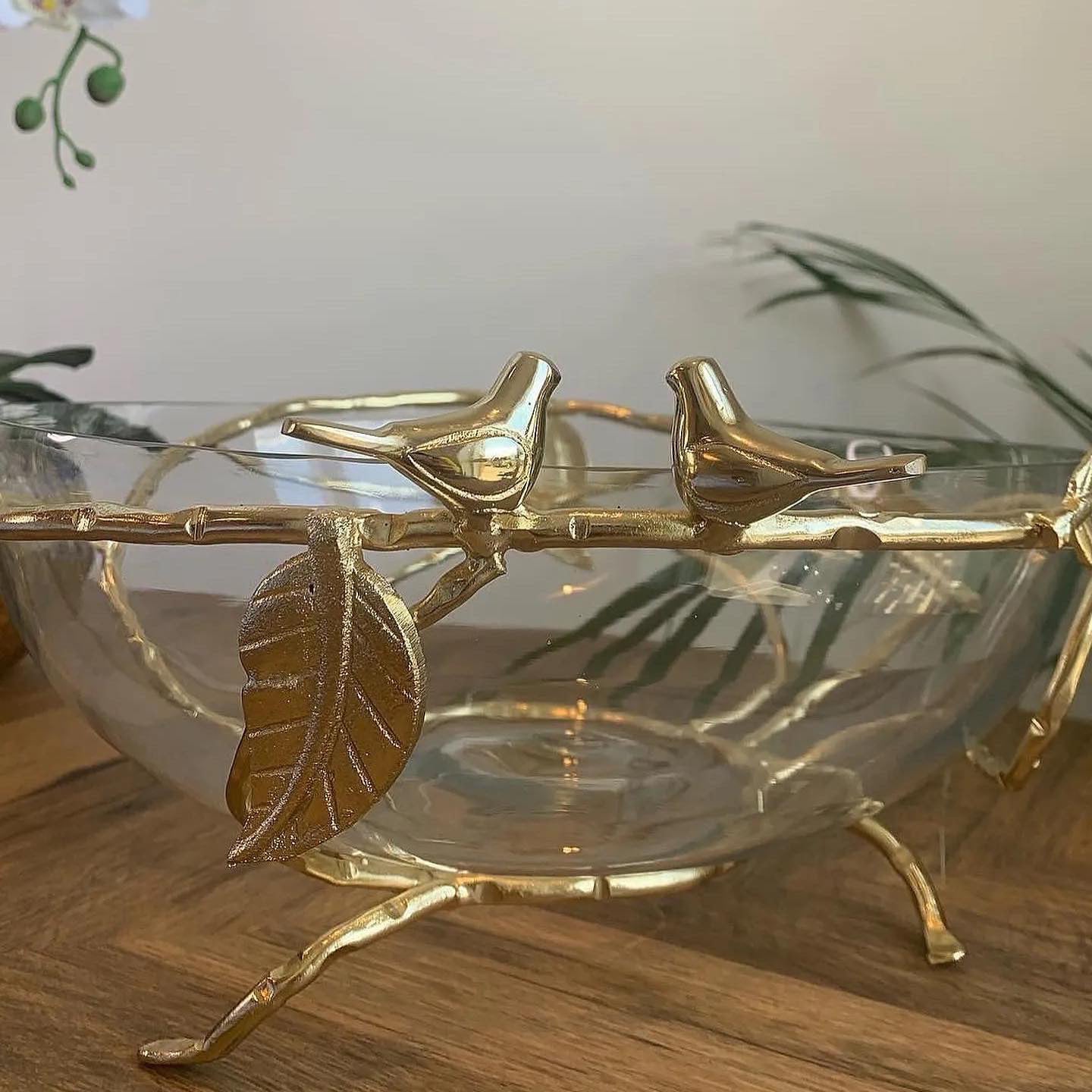 Gold bowl - glass insert and metal base leaf design