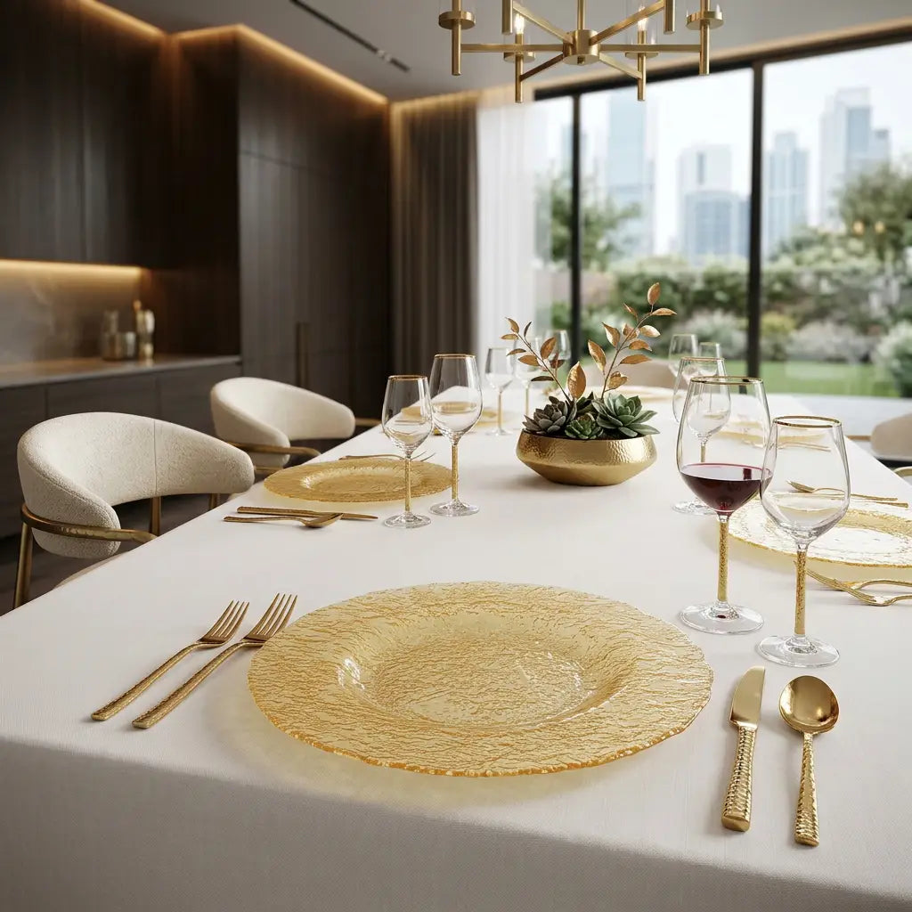 Set of 4 textured glass charger plates in amber gold | Luxury charger plates UK | High Class Touch
