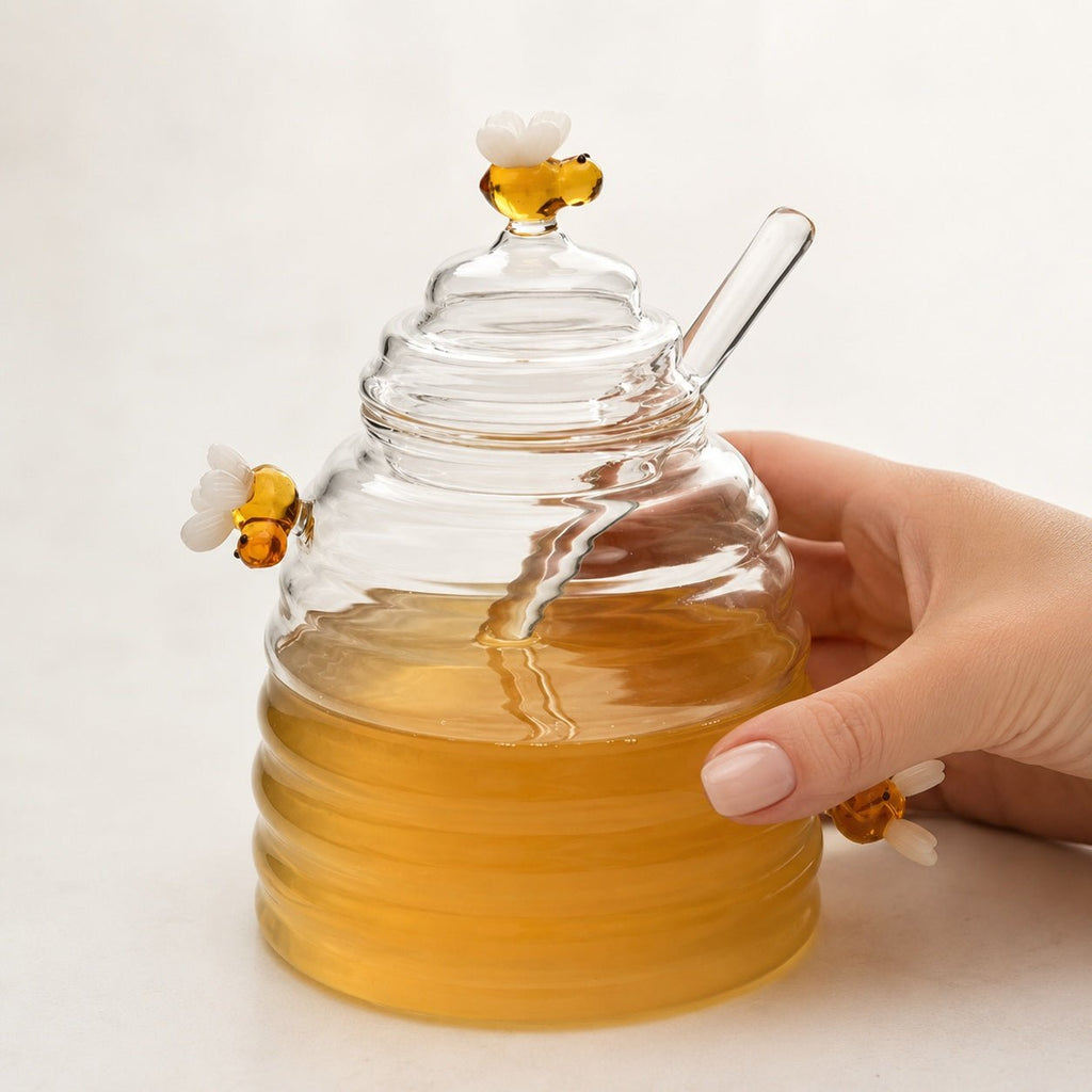 Glass Honey Jar with bees Design - High Class Touch