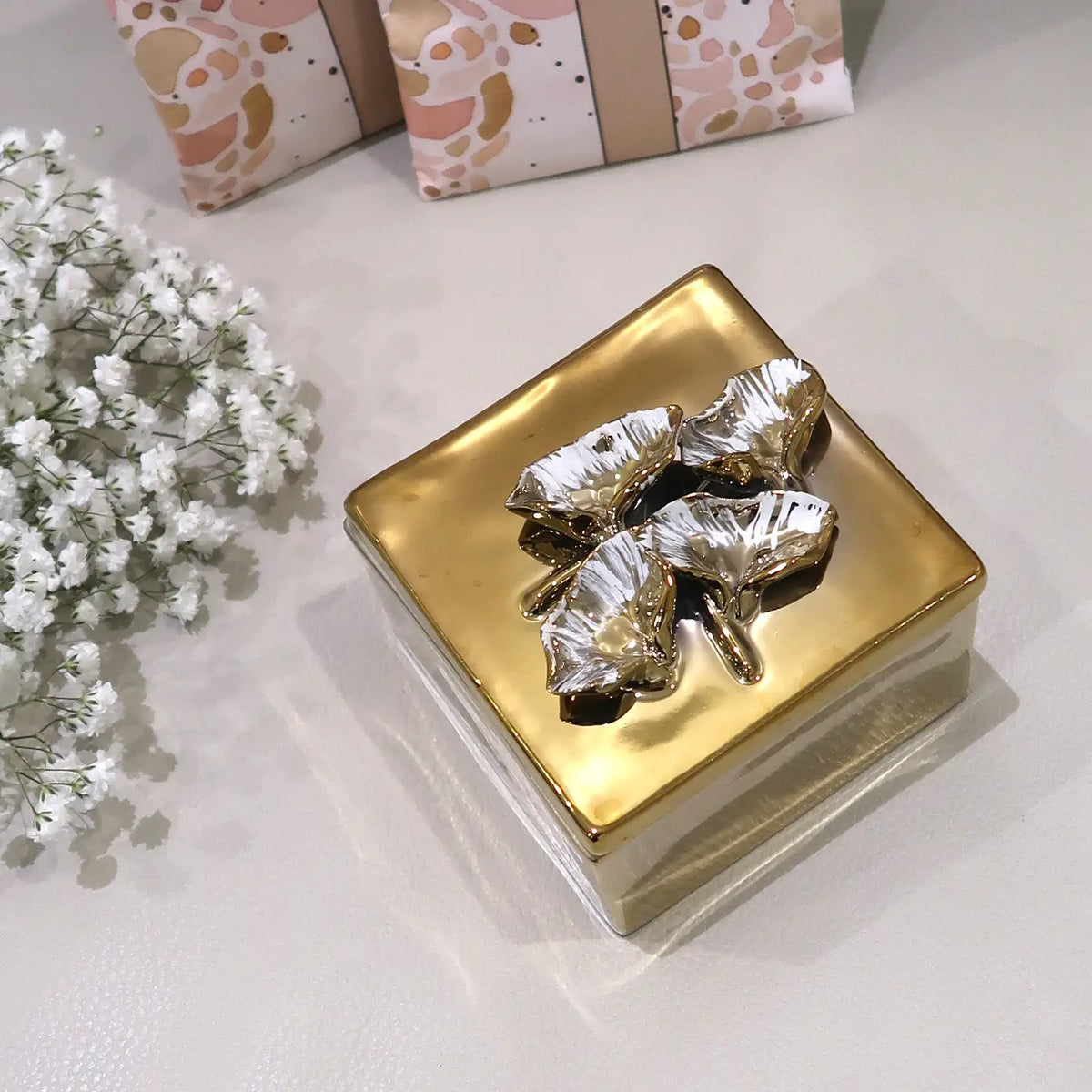 Square Gold Porcelain Box with Flower Design On Lid