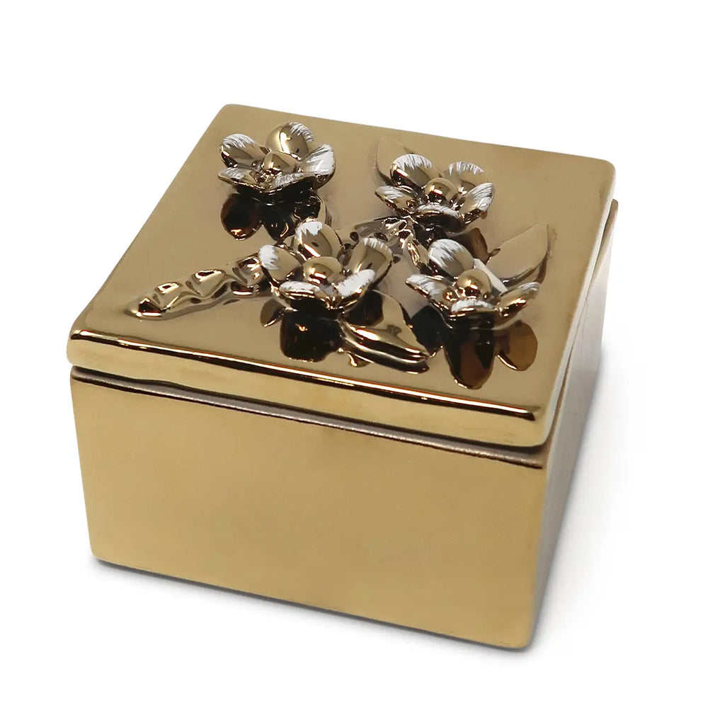 Square Gold Porcelain Box with Flower Design On Lid