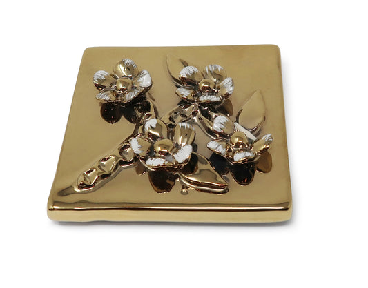 Square Gold Porcelain Box with Flower Design On Lid