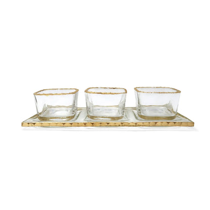3 Bowl Sauce Dish On Tray with Gold Rustic Rim