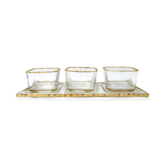 3 Bowl Sauce Dish On Tray with Gold Rustic Rim
