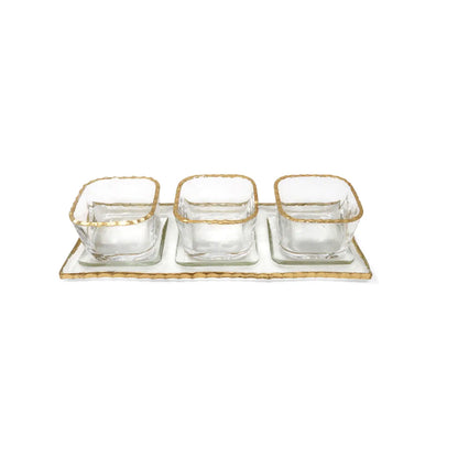 3 Bowl Sauce Dish On Tray with Gold Rustic Rim