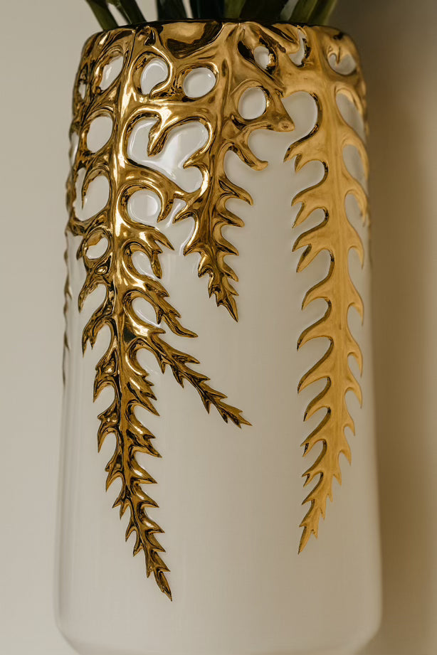 White Ceramic Vase with Gold Leaf Design