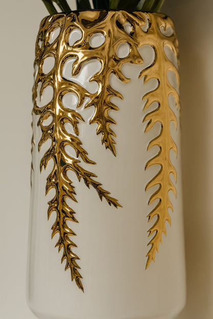 White Ceramic Vase with Gold Leaf Design