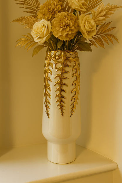 White Ceramic Vase with Gold Leaf Design