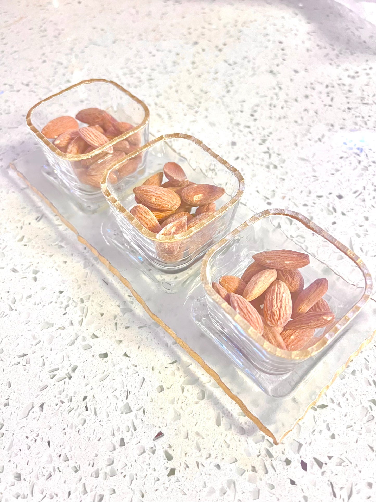 3 Small Bowl Sauce Dish On Tray with Gold Rustic Rim