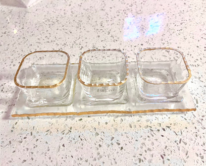 3 Small Bowl Sauce Dish On Tray with Gold Rustic Rim