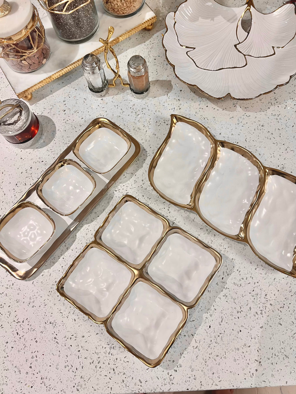White porcelain relish dish set with gold detail | Luxury dinnerware UK