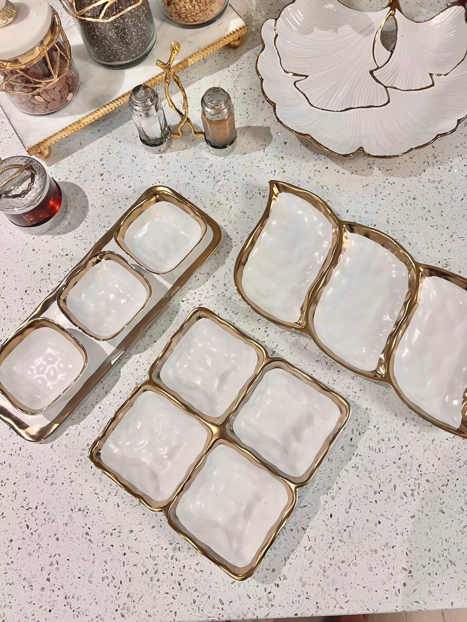White porcelain relish dish set with gold detail | Luxury dinnerware UK