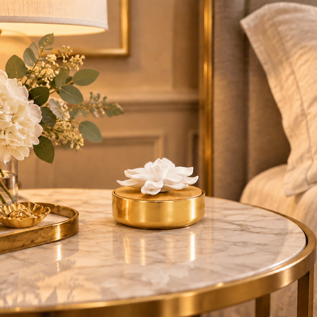 Gold Hemispheric Shaped Diffuser with White Flower - High Class Touch