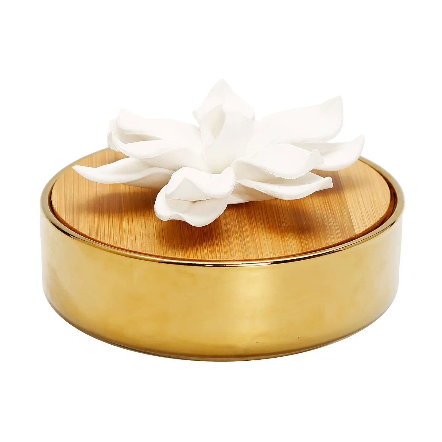 Gold Hemispheric Shaped Diffuser with White Flower