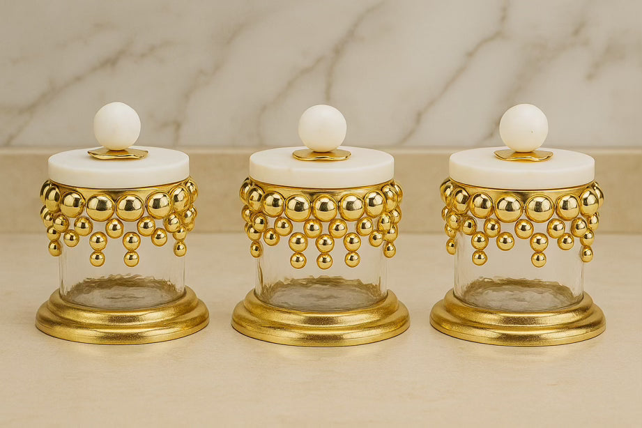 Hammered glass canister with gold beaded design and marble lid | Set of 3 sizes UK