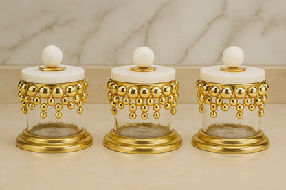 Hammered Glass Canisters with Gold Beaded Design and Marble Lid