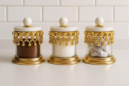 Hammered Glass Canisters with Gold Beaded Design and Marble Lid