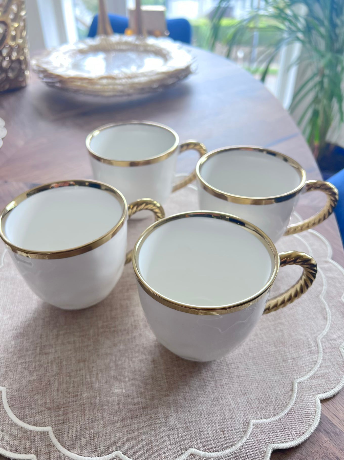 New Bone China Coffee Mug Gold Handle Set of 4