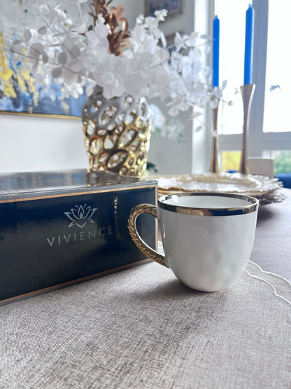 New Bone China Coffee Mug Gold Handle Set of 4