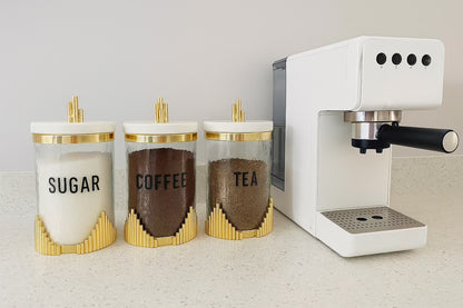 Glass Canister with Marble Lid and Symmetrical Gold Design