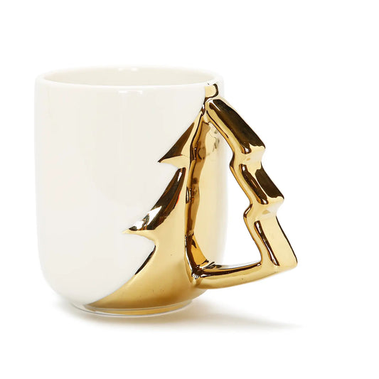 White Coffee Mug with Gold Christmas Tree Handle, 19 oz