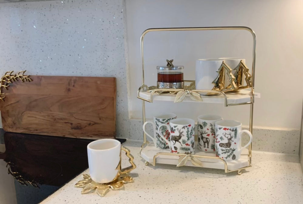 White Coffee Mug with Gold Christmas Tree Handle, 19 oz