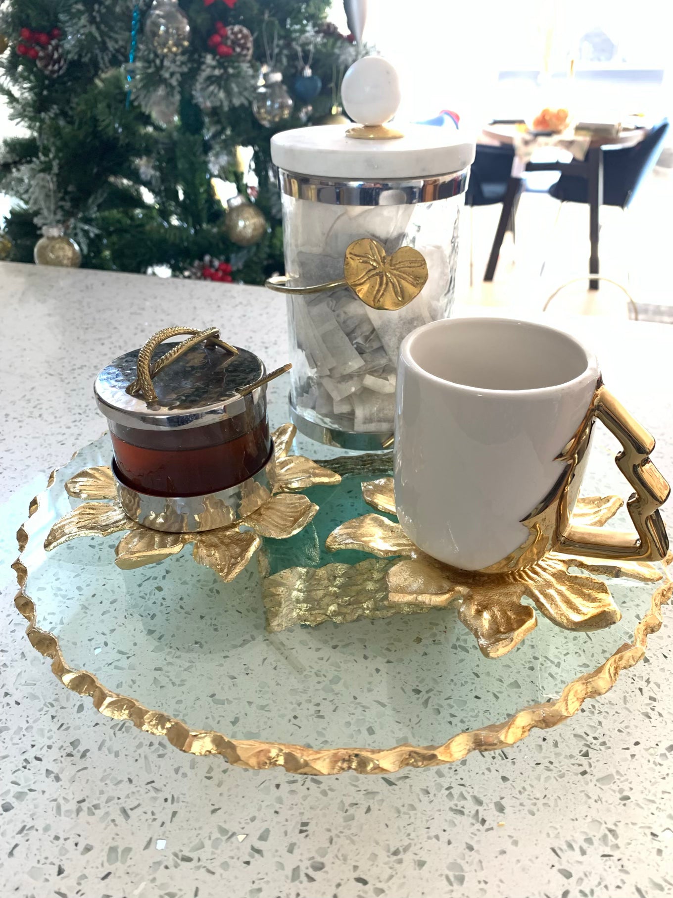 White Coffee Mug with Gold Tree Handle, 19 oz