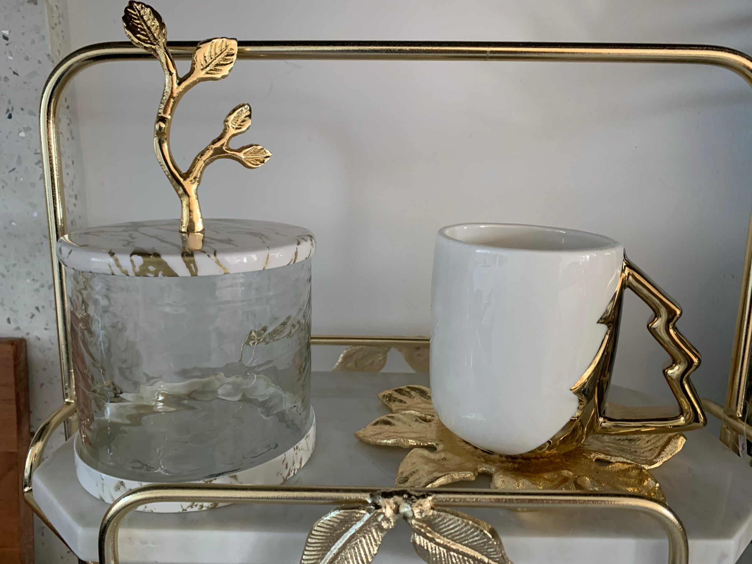 White Coffee Mug with Gold Tree Handle, 19 oz