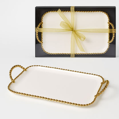 Porcelain White Tray with Gold beaded handles and design