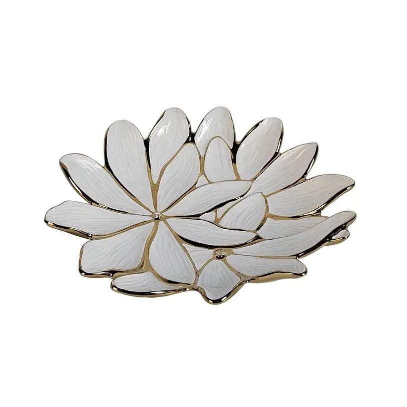 White Porcelain Flower Plate with Gold Edge 13" - High Class Touch