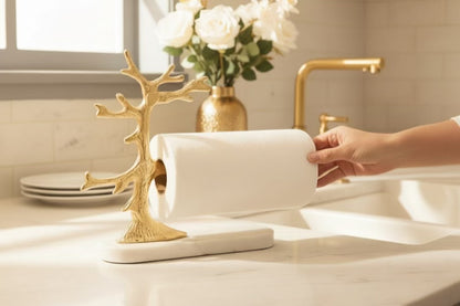 Luxury Gold Tree Design Paper Towel Holder On Marble Base