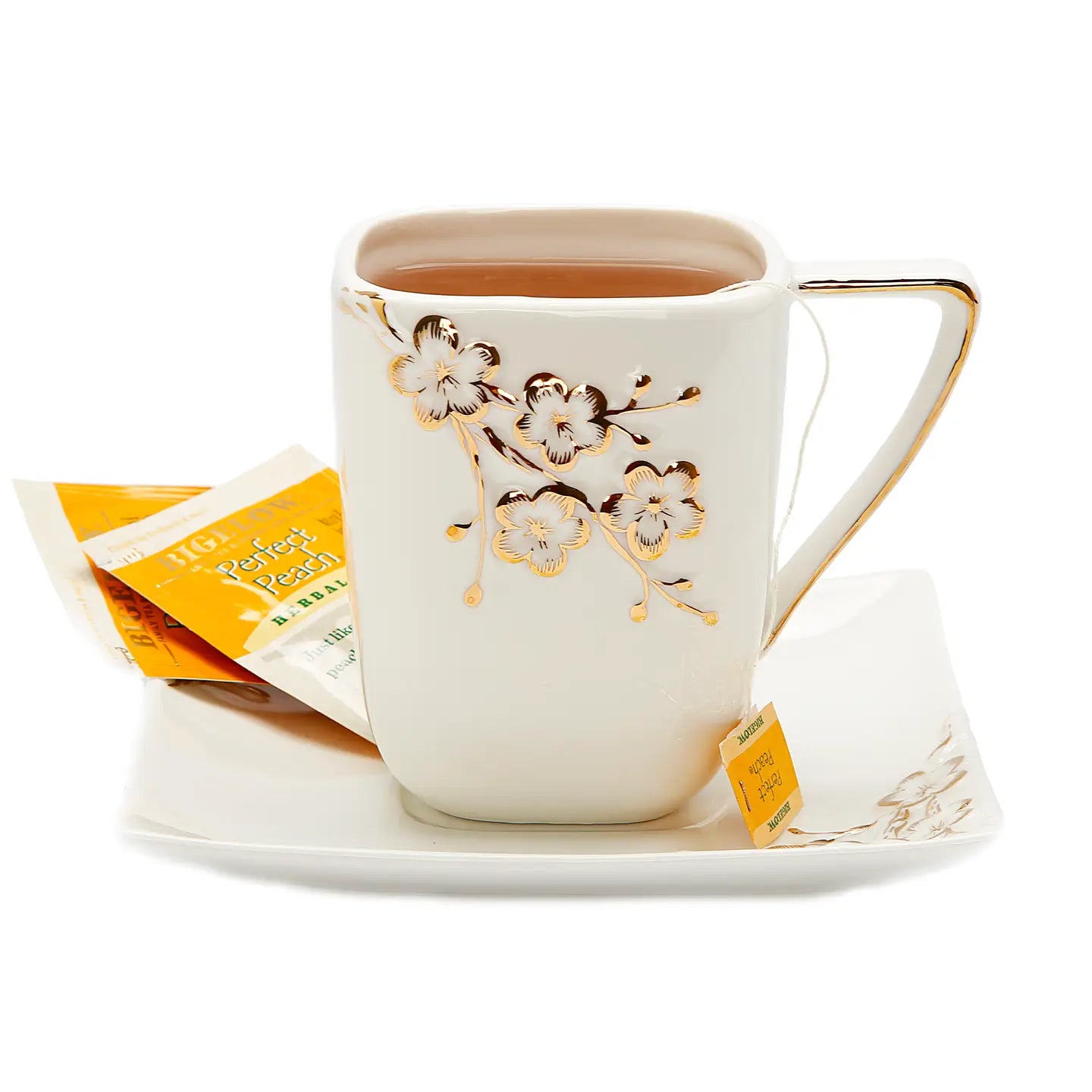 White Square Soucer and Mug with Gold Floral Artwork Design